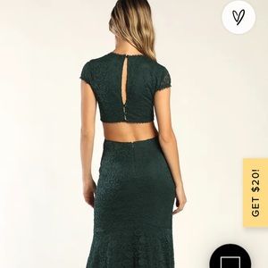 Lulus emerald green lace maxi dress. Cut out on both sides and open mid back.